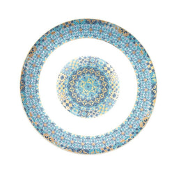 Decorative plate with a blue and beige geometric pattern on a white background