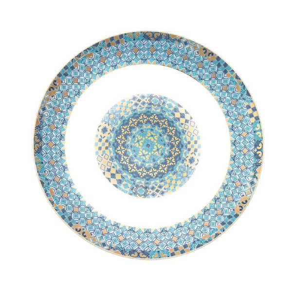 Decorative plate with a blue and beige geometric pattern on a white background