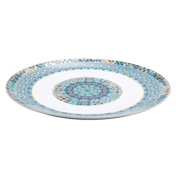 Decorative platter with a blue and white pattern on a white background
