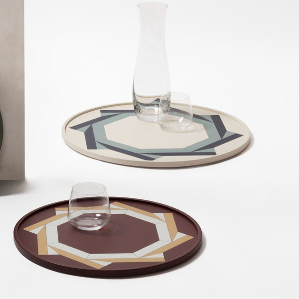 Styled Round Tray San Marco No1 Small by Giobagnara in leather inspired by Basilica di San Marco floor design
