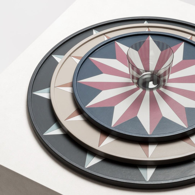 Styled Round Tray San Marco No2 Mini by Giobagnara in leather with rosette floor motif inspired by Marciana National Library Venice