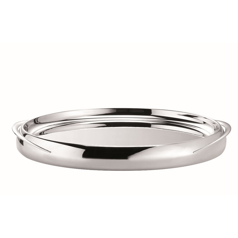 Round silver-plated Goccia tray with handles by Greggio, handcrafted in Italy for refined serving and elegant entertaining.