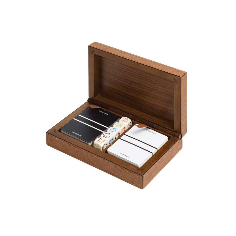 Open view of Royal Dice and Playing Card Holder with two decks and dice by Giobagnara