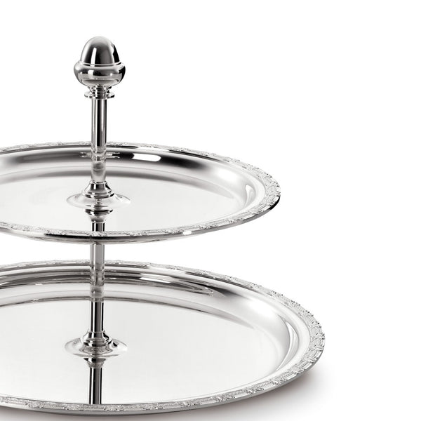 Close-up two-tier Royal silver-plated pastry stand by Greggio on white background