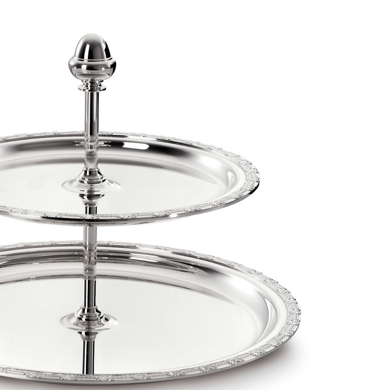 Close-up two-tier Royal silver-plated pastry stand by Greggio on white background
