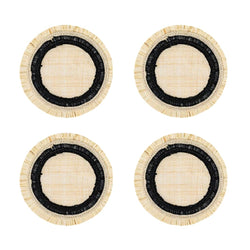 Four round coasters with black centers and beige rims on a white background