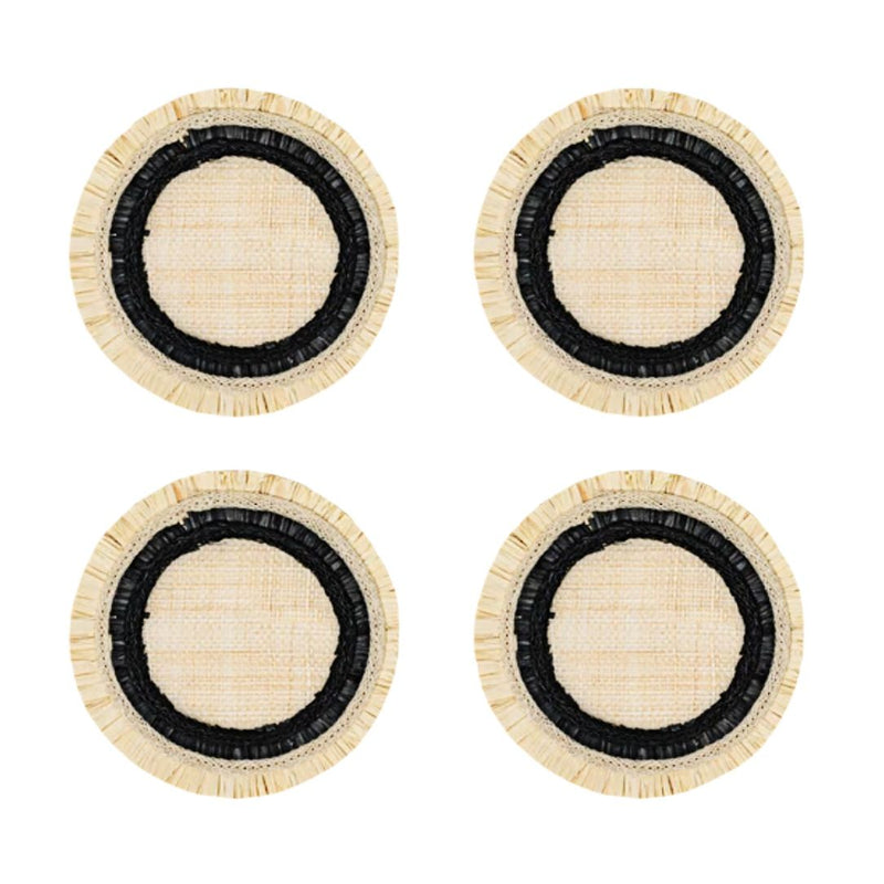 Four round coasters with black centers and beige rims on a white background