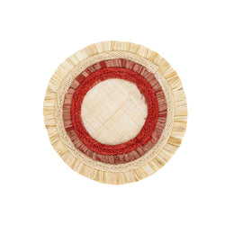 Round woven coaster with red, beige, and white pattern on a white background