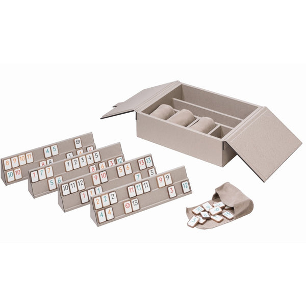 Rummikub Game Set in Taupe Leather by Giobagnara with luxury leather case and wooden tiles