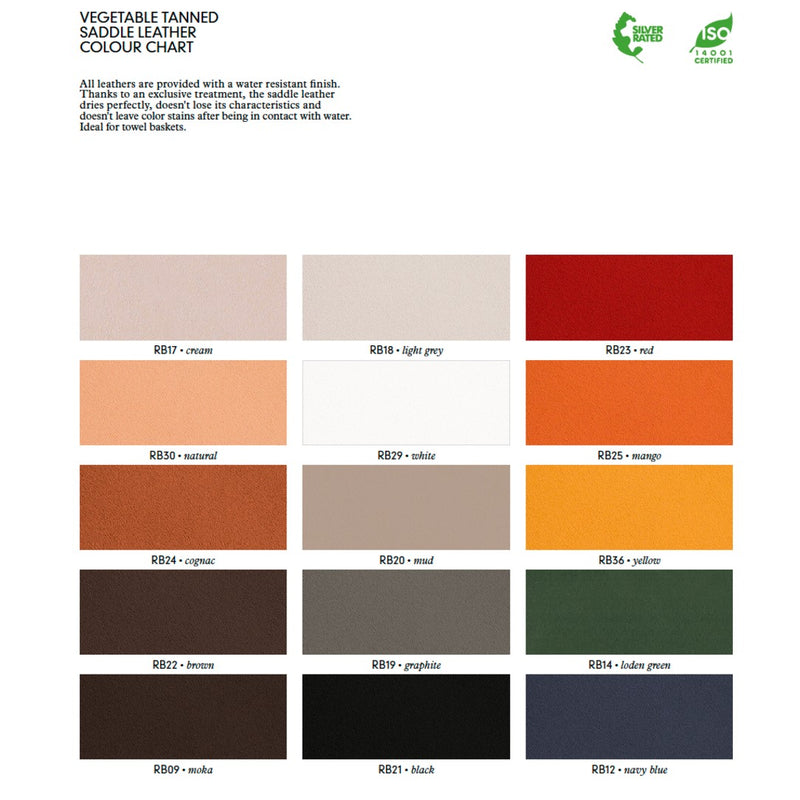 Color chart for vegetable tanned saddle leather from Rabitti with various color swatches and names.