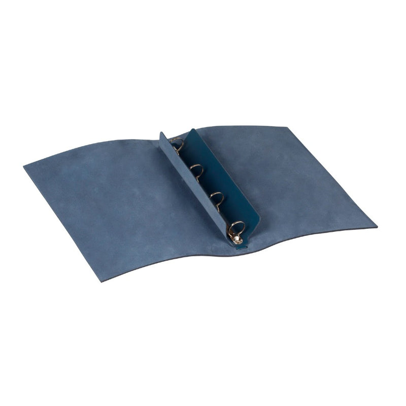 Opened Blue saddle leather ring binder Legacci by Giobagnara x Rabitti with central metal ring system