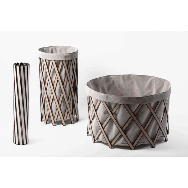 Safari Short & Tall Foldable Baskets in Liverpool-grained leather with foldable wooden frame and removable cotton liner by Pinetti.