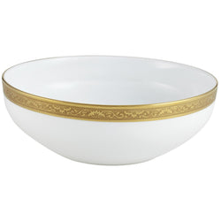A white porcelain salad bowl with a gold border and inlaid gold details, featuring a floral pattern around the rim.