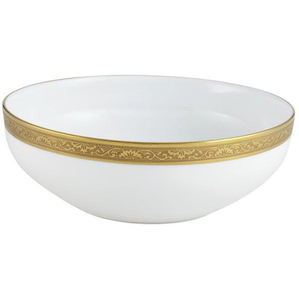 A white porcelain salad bowl with a gold border and inlaid gold details, featuring a floral pattern around the rim.