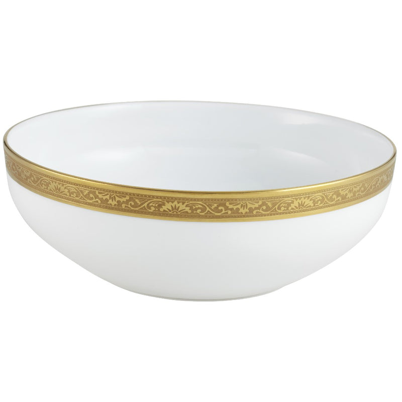 A white porcelain salad bowl with a gold border and inlaid gold details, featuring a floral pattern around the rim.