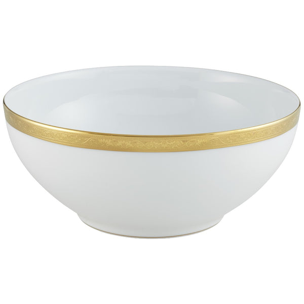 A white porcelain salad bowl with a gold Renaissance style border and inlaid gold detailing on the rim.