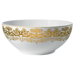 A white porcelain salad bowl with gold floral patterns and trim.