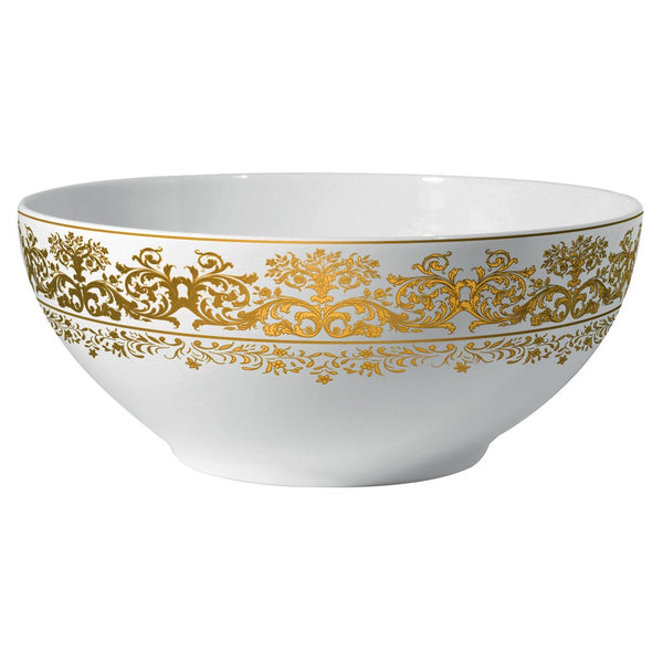 A white porcelain salad bowl with gold floral patterns and trim.