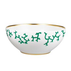 Raynaud Cristobal Emerald Salad Bowl in Limoges porcelain with emerald green coral motifs and gold rim.