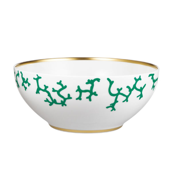 Raynaud Cristobal Emerald Salad Bowl in Limoges porcelain with emerald green coral motifs and gold rim.