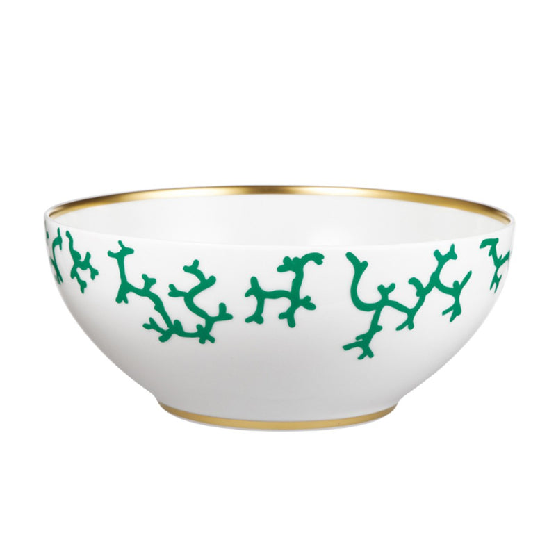 Raynaud Cristobal Emerald Salad Bowl in Limoges porcelain with emerald green coral motifs and gold rim.
