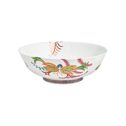 A multicolored floral pattern porcelain salad bowl with a blue border and gold accents.