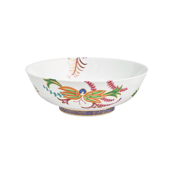 A multicolored floral pattern porcelain salad bowl with a blue border and gold accents.