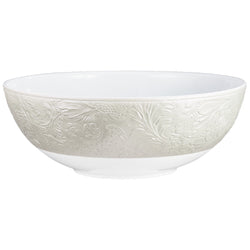 Italian Renaissance Irisé Pearl Grey salad bowl by Raynaud, Limoges porcelain with arabesques, pearl grey iridescence, and platinum accents.