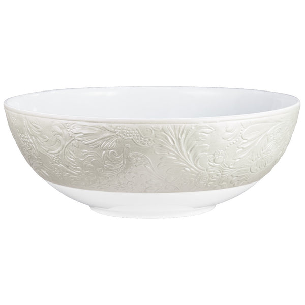 Italian Renaissance Irisé Pearl Grey salad bowl by Raynaud, Limoges porcelain with arabesques, pearl grey iridescence, and platinum accents.