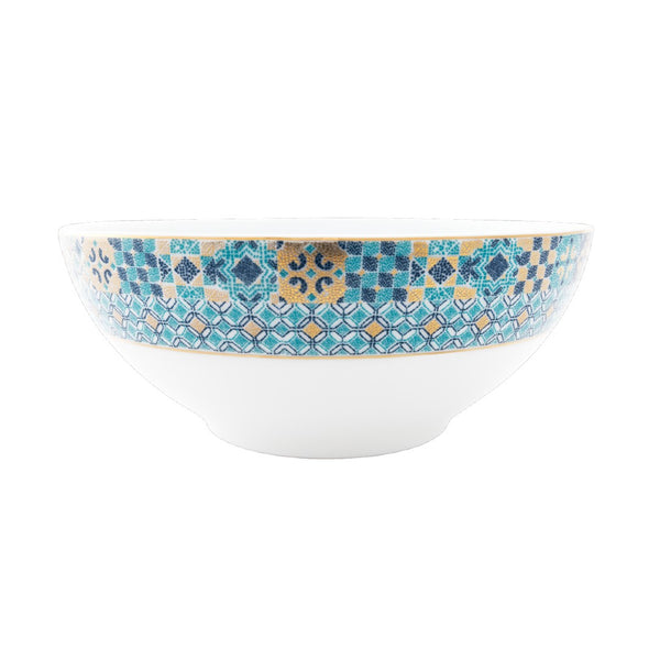 Portofino salad bowl with decorative blue and yellow pattern on a white background