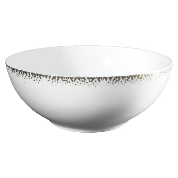 White ceramic bowl with decorative rim on a white background