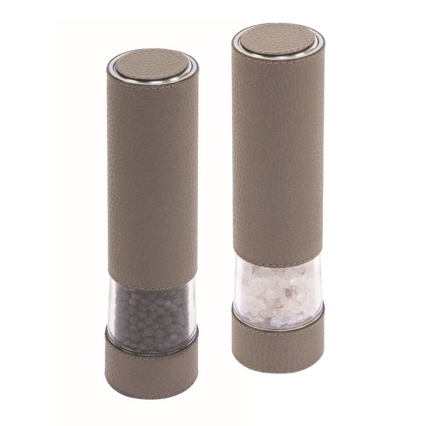 Salt and Pepper Electric Mills Set Otello by Giobagnara in leather and stainless steel, adjustable grinding, carbon and ceramic mechanisms.