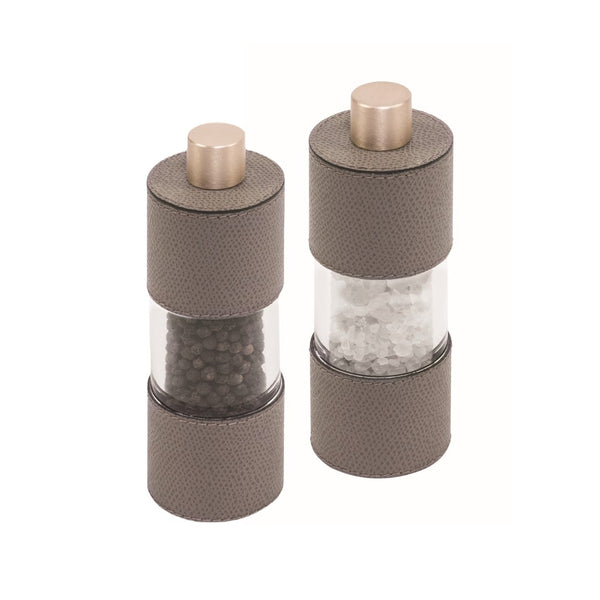 Salt and Pepper Manual Mills Set Otello Low by Giobagnara in leather and stainless steel with ceramic grinder, adjustable fine to coarse.