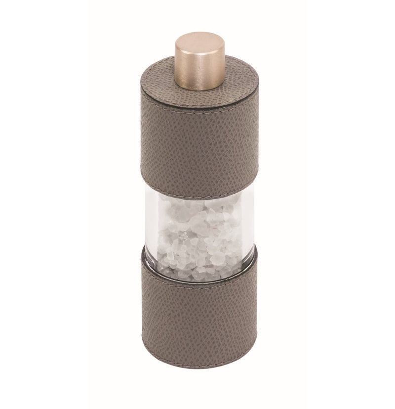 Salt  Manual Mill Otello Low by Giobagnara in leather and stainless steel on a white background