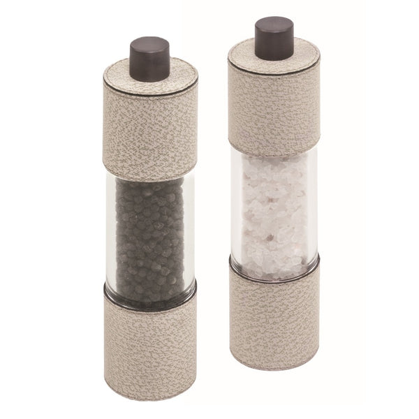 Salt and Pepper Manual Mills Set Otello Tall by Giobagnara in Wild Boar printed leather with adjustable ceramic grinder and metal finishes.