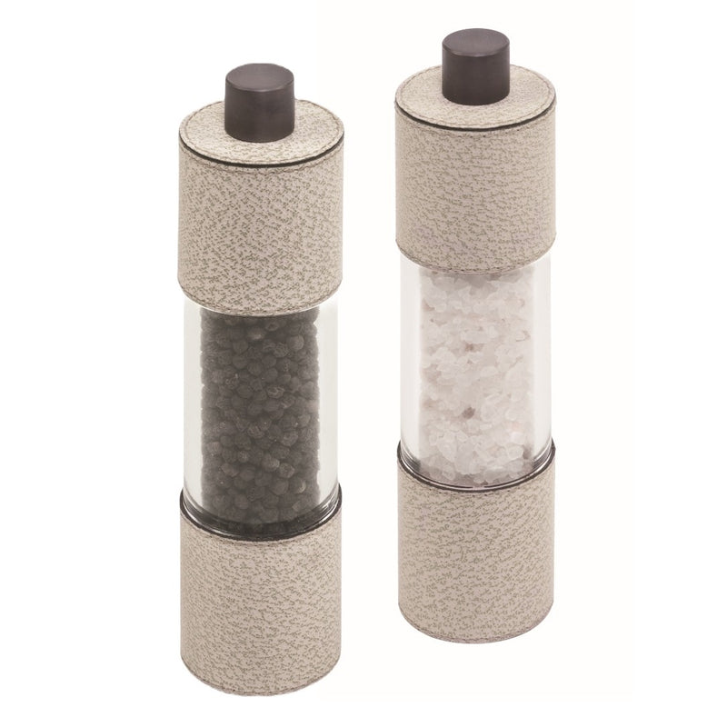 Salt and Pepper Manual Mills Set Otello Tall by Giobagnara in Wild Boar printed leather with adjustable ceramic grinder and metal finishes.