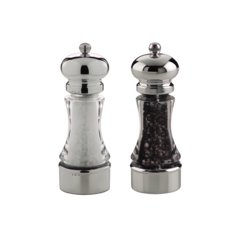 Two silver-plated salt and pepper mills with clear glass bodies, one filled with white salt and the other with black pepper, shown on a plain white background.