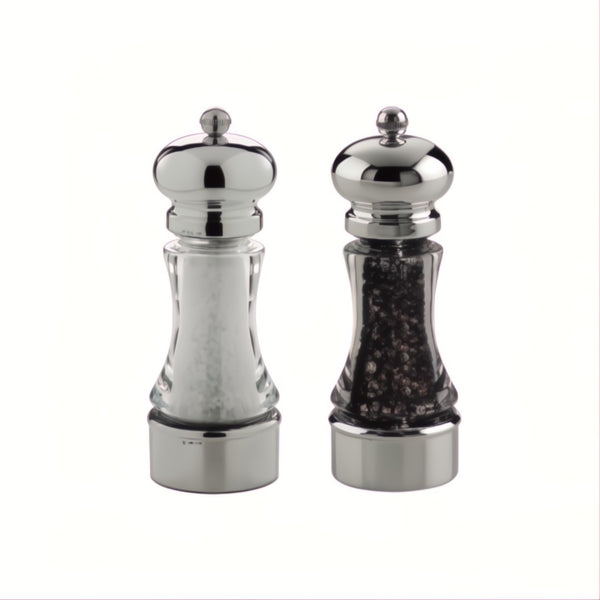 Salt and Pepper Mills Set Inglese Silver-Plated by Schiavon with adjustable grinding wheel for fine or coarse seasoning.