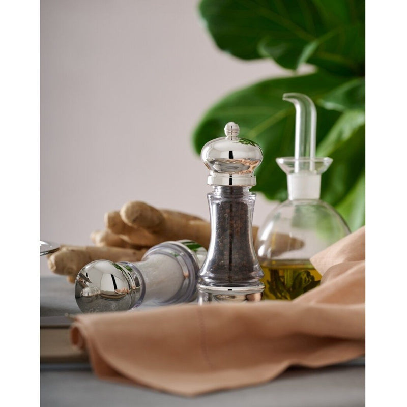 Salt and Pepper Mills Set Inglese Silver-Plated by Schiavon on a table with a plant in the background