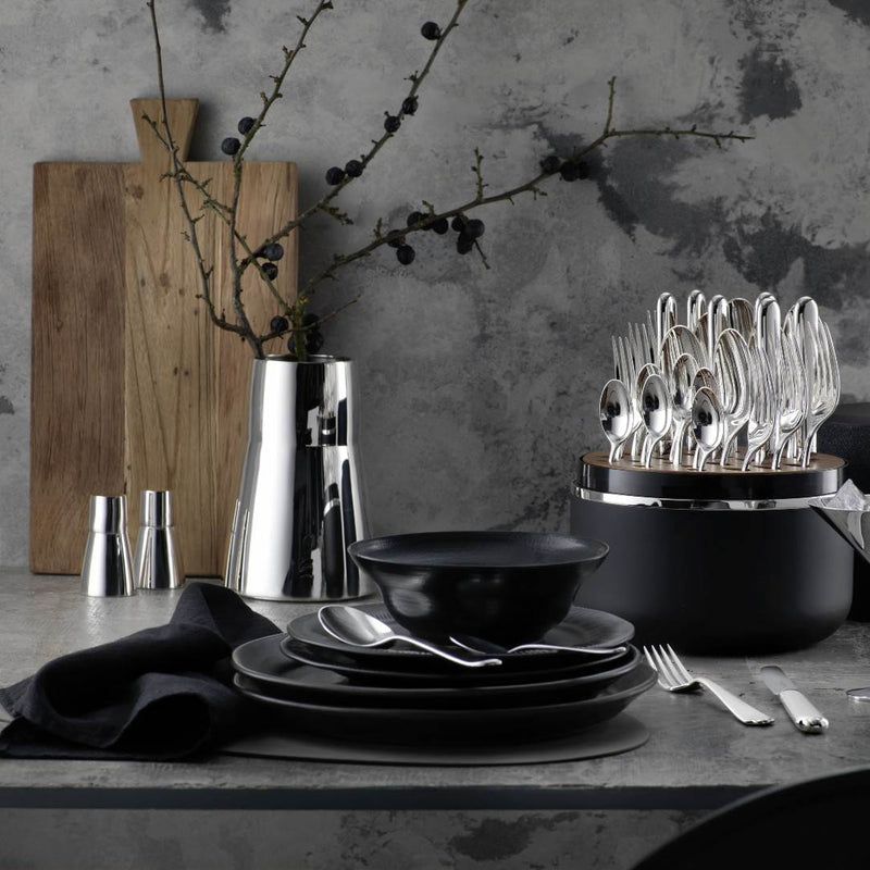 Salt and Pepper Set Leon Silver-Plated by Robbe & Berking  on a gray surface against a dark wall.