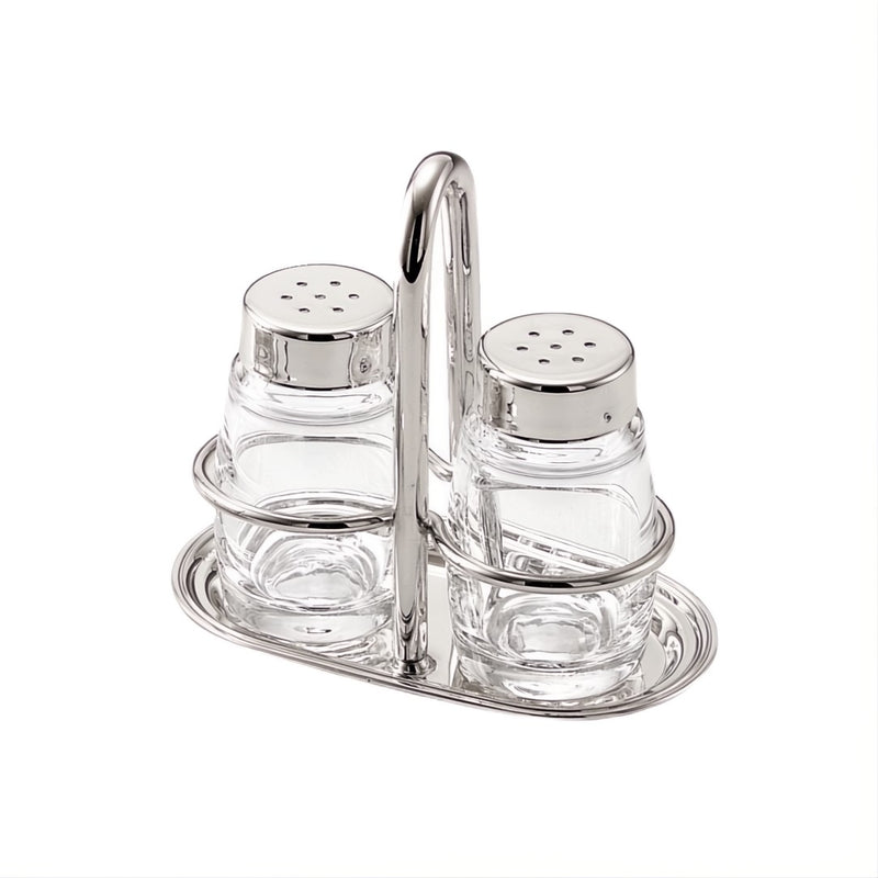 Salt and Pepper Shakers Set Classica Silver-Plated by Greggio with glass and silver stand, elegant Italian design for refined dining.