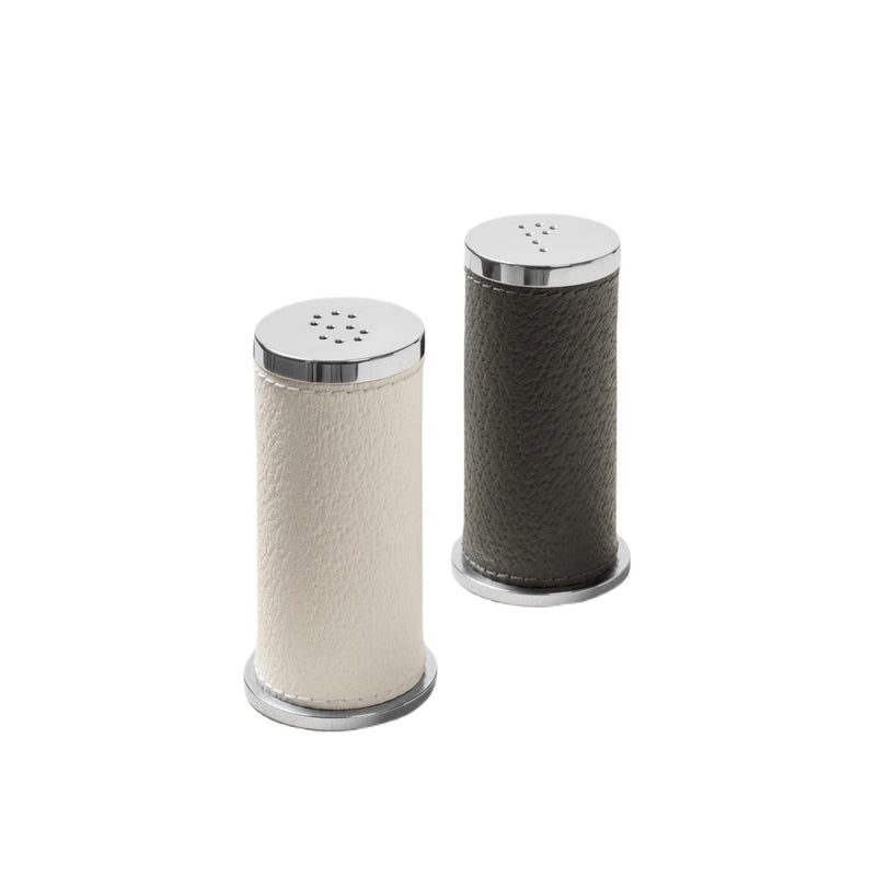 Salt and Pepper Shakers Set Otello by Giobagnara in leather and stainless steel with screw-on bottoms, refined Italian table design.