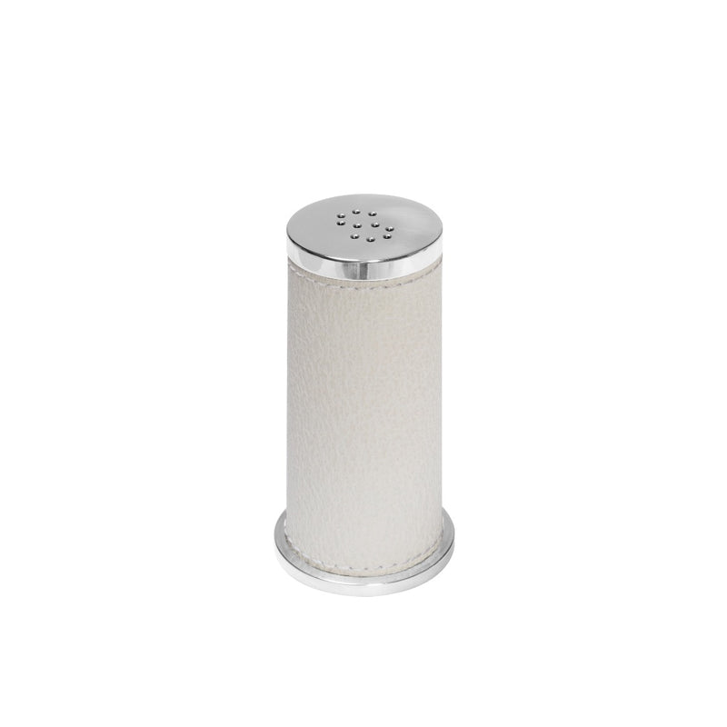 White salt shaker with silver top on a white background