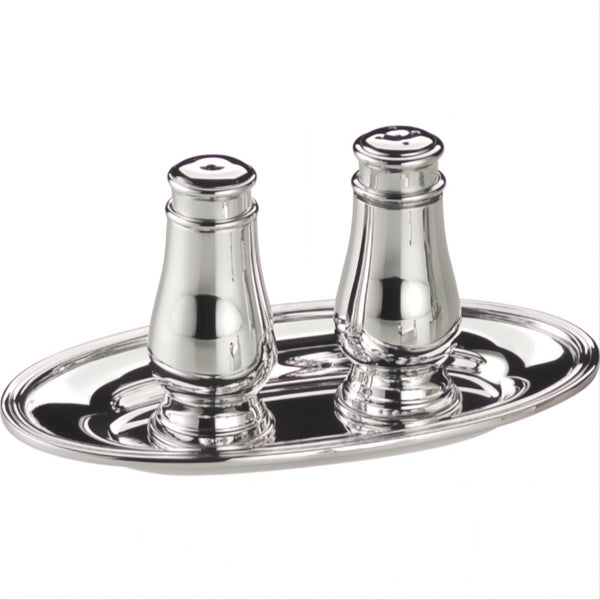 Salt and Pepper Shakers Set with Tray Inglese Silver-Plated by Schiavon, elegant Italian design for refined dining.