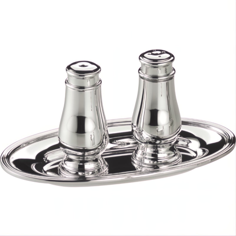 Salt and Pepper Shakers Set with Tray Inglese Silver-Plated by Schiavon, elegant Italian design for refined dining.