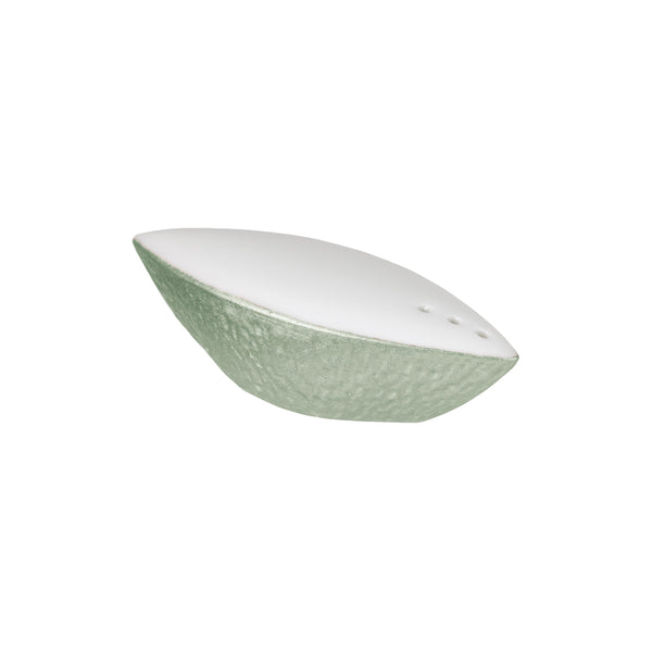 Raynaud Minéral Irisé Céladon porcelain salt shaker with soft green glaze and sculptural texture