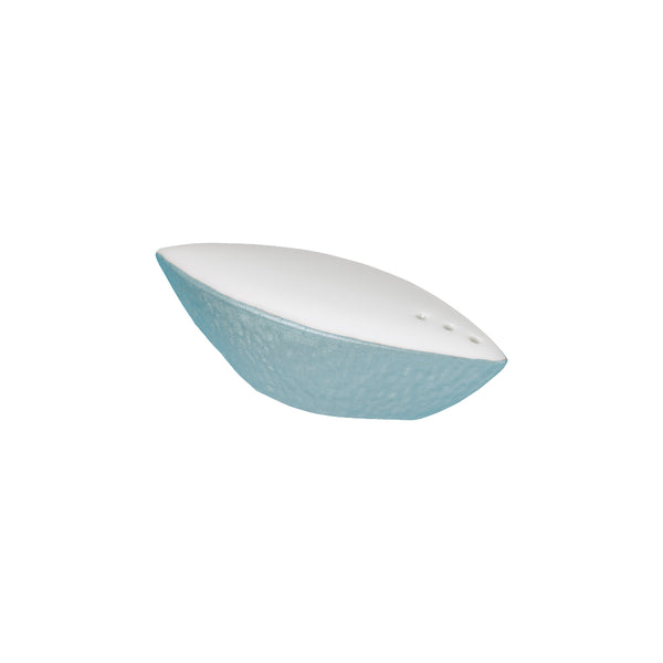 Raynaud Minéral Irisé Sky Blue porcelain salt shaker with sculptural shape and iridescent blue glaze
