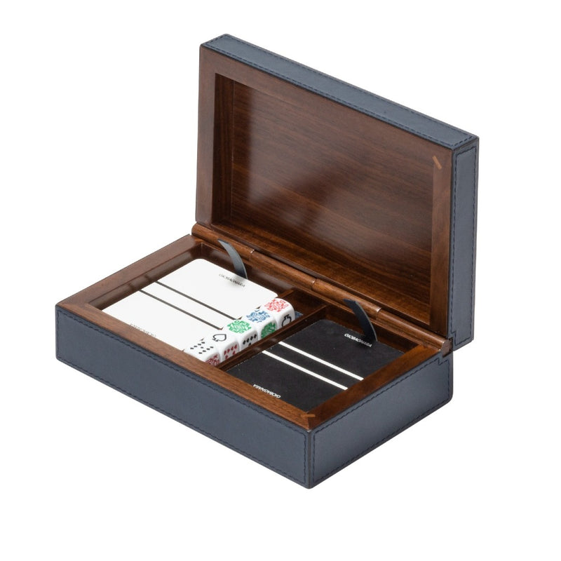 San Marco Dice and Playing Card Holder by Giobagnara open, showing two decks of cards and poker dice in a walnut and leather box.