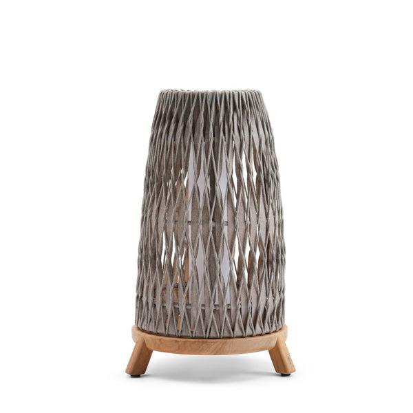 Woven outdoor lamp with wooden base on a white background