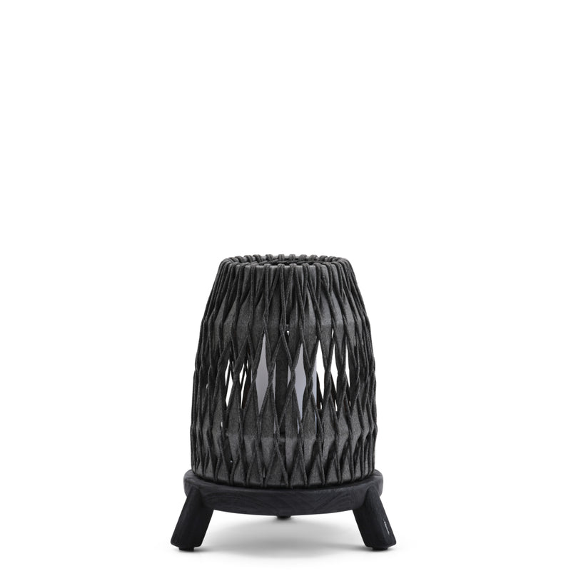 A medium-sized black rechargeable outdoor lantern with a woven shell lampshade on a wooden base, designed for use in garden or outdoor spaces.